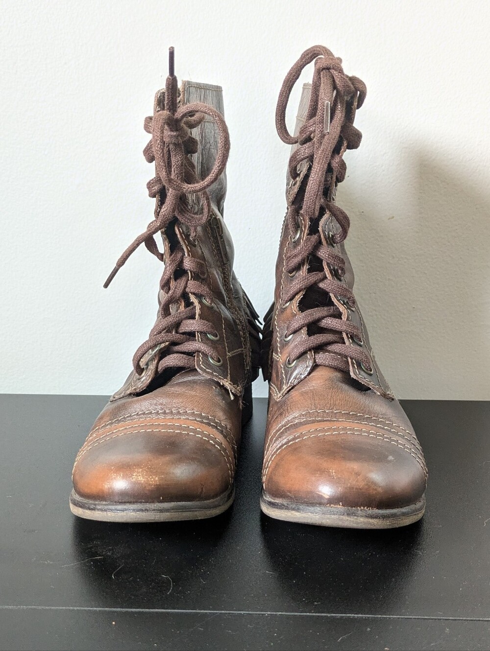 Betsey Johnson Vintage Distressed Brown Leather Combat Boots with Fringe Heel - Picture 6 of 10